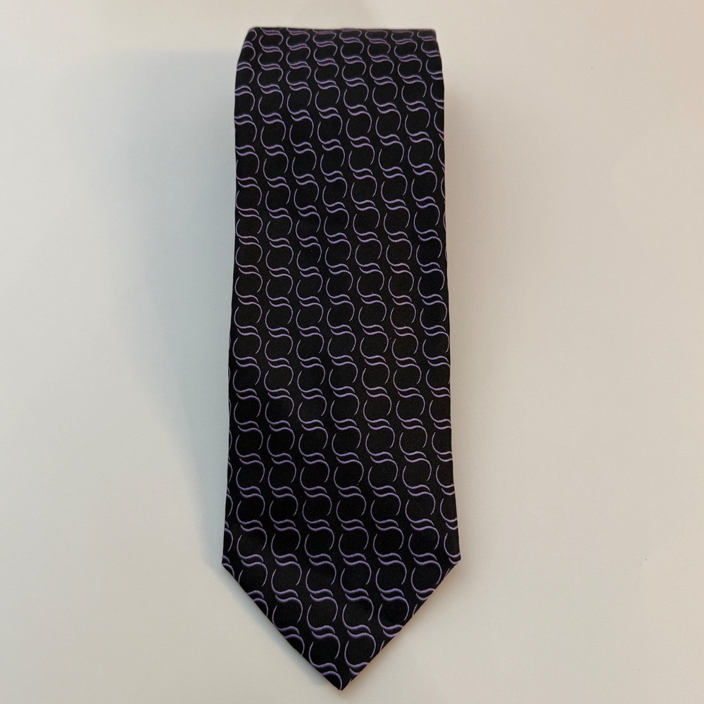 Mens Tie | Valentino Necktie | Black Purple Silk Geometric Wave | Made in Italy